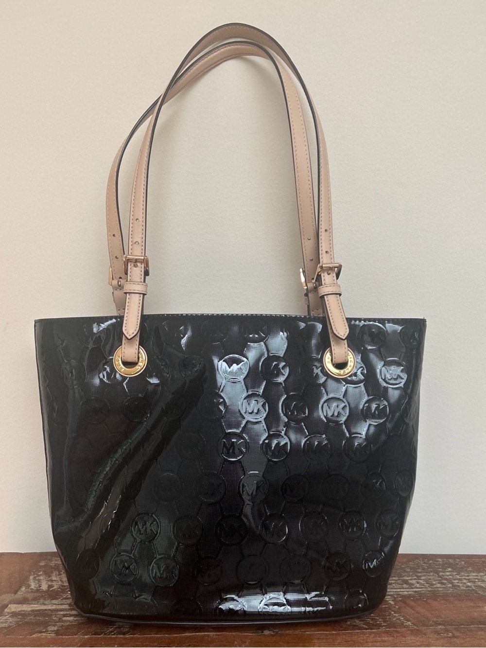 MICHAEL Michael Kors Black Patent Tote with Leather Straps and Gold Hardware
